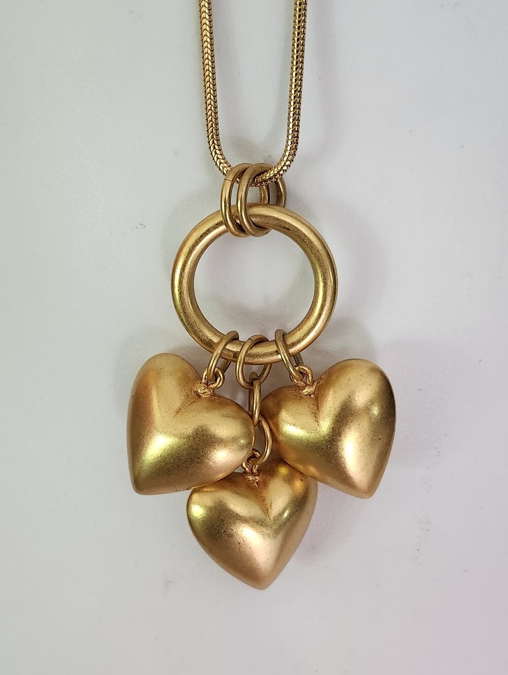 Long Gold Tone Three Dangling Heart Pendant Necklace